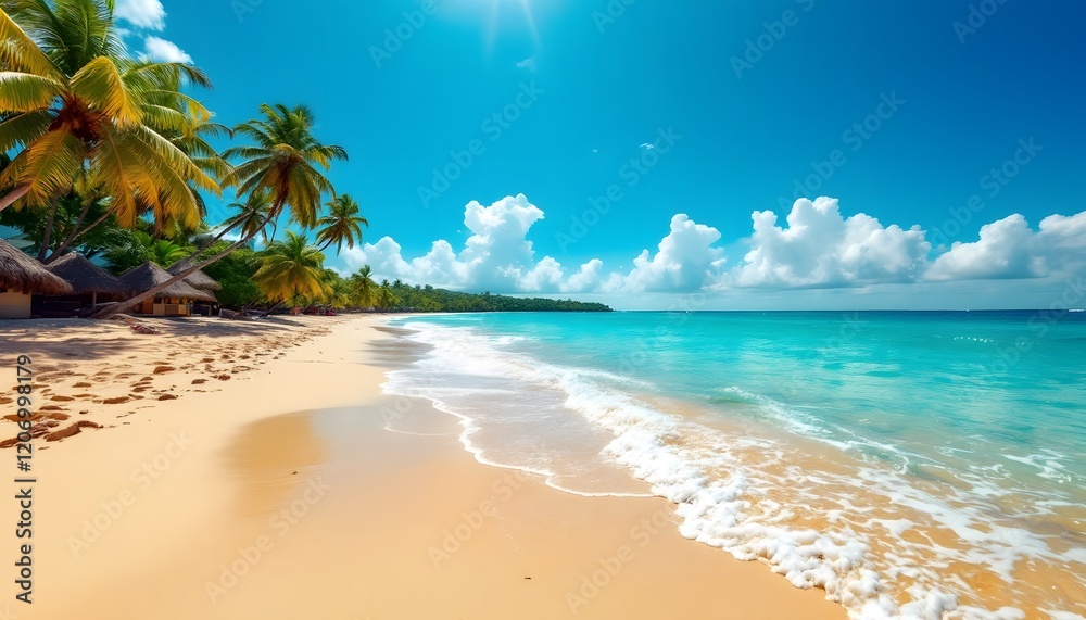 Fototapeta premium Stunning Tropical Beach Scene with Palm Trees and Turquoise Water