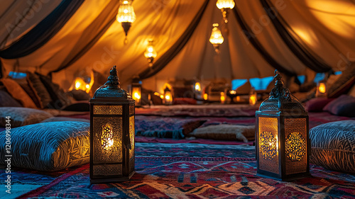 A festive gathering in a traditional Arabic tent, with lanterns and cushions creating a cozy atmosphere