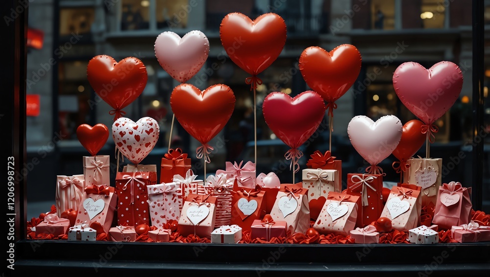 Chinese new decoration . A photo of heart-shaped balloons and gift boxes on display for Valentine's day in a shop window.