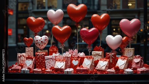 Obraz na płótnie Chinese new decoration . A photo of heart-shaped balloons and gift boxes on display for Valentine's day in a shop window. w salonie