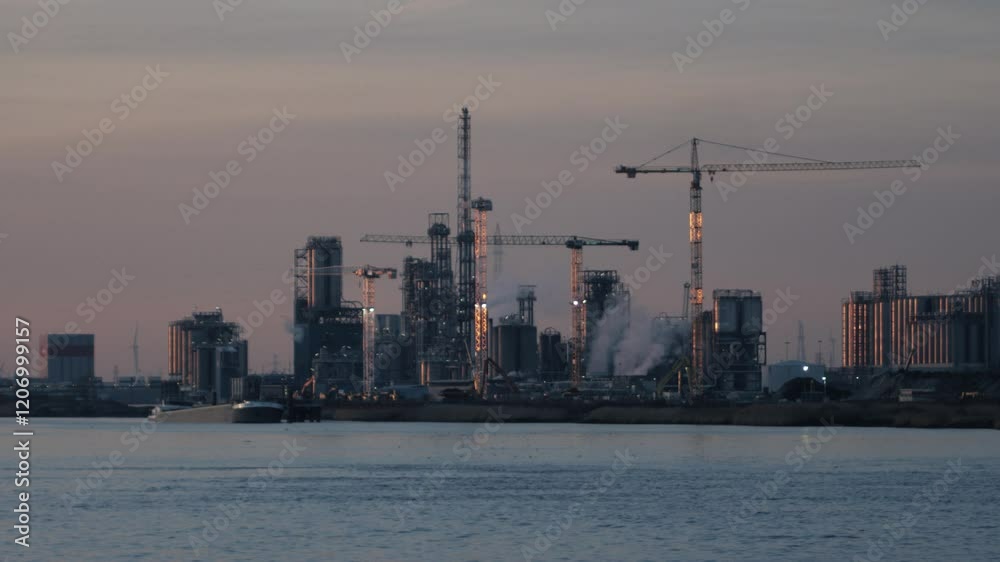 Industrial refinery on a waterfront at dusk with cranes, silos, pipelines, steam, and construction vehicles in action Industrial refinery on a waterfront at dusk with cranes, silos, pipelines, steam, and construction vehicles in action