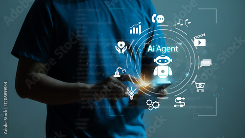 AI Agents Business people use their smartphones with AI assistants to perform tasks that are tailored to their goals, such as work education sales data analysis content creation payroll processes etc.