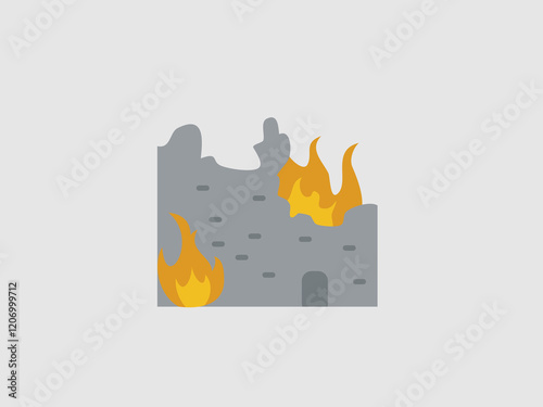 A simplified illustration of a gray rock or stone with orange and yellow flames rising behind it