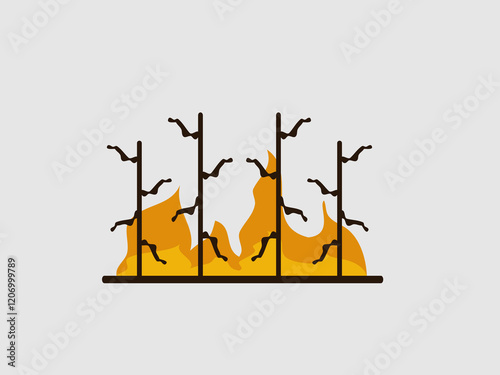A graphic representation of flames rising behind a row of bare branches or twigs