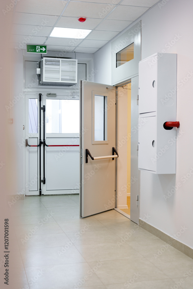 Interior hallway of a modern medical facility with a door leading to a treatment area in daylight Interior hallway of a modern medical facility with a door leading to a treatment area in daylight