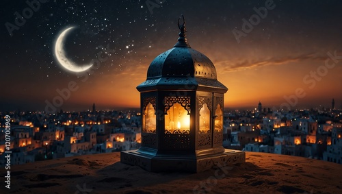 view of the city . A dark lantern sits before a silhouetted city skyline under a crescent moon and starry night sky.