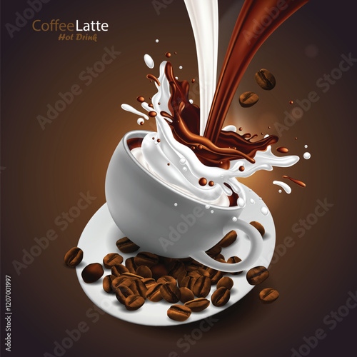 White porcelain cup with coffee, coffee beans on a saucer and a jet of coffee with a splash effect. Realistic illustration.Basic RGB