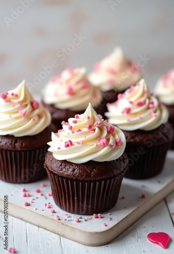 Artisanal chocolate cupcakes arranged in perfect row with swirled vanilla buttercream frosting and heart-shaped rainbow sprinkles on rustic white wooden surface