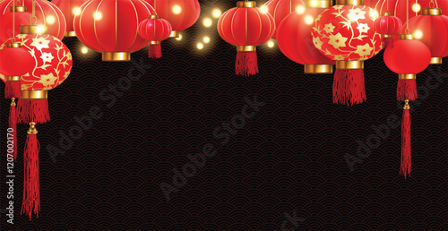 Chinese New Year. Set of  red  Chinese lanterns on a dark background  with traditional chinese ornament . Highly realistic illustration.