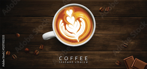 Coffee advertising design. White porcelain cup with coffee latte on a wooden table. High detailed realistic illustration.