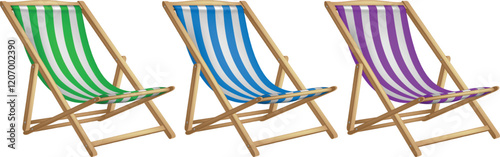 Set of three wooden sun loungers with striped fabric in different colors on a white background. Highly realistic illustration.