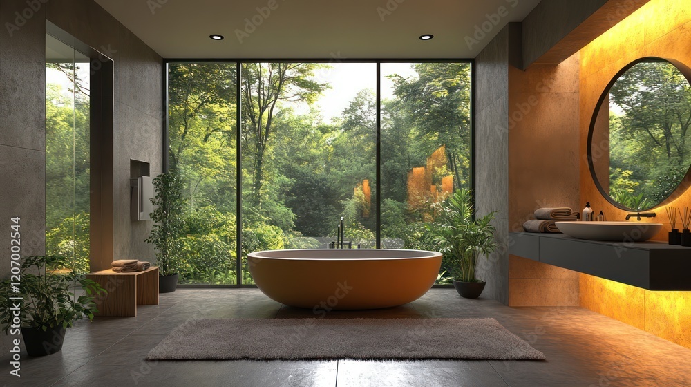 Fototapeta premium Serene Modern Bathroom with Forest View
