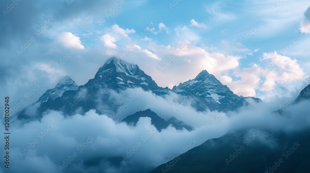 Majestic Mountain Peaks Covered in Clouds with Dramatic Sky Majestic Mountain Peaks Covered in Clouds with Dramatic Sky