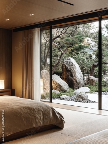 Serene Bedroom Overlooking Tranquil Rock Garden photo