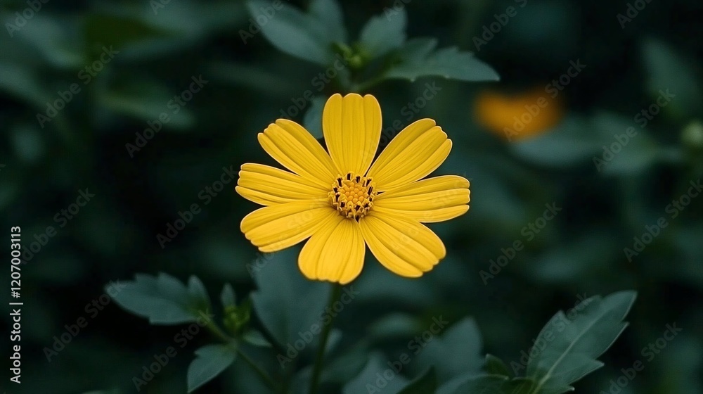 Obraz premium Single yellow flower in bloom, dark green background.