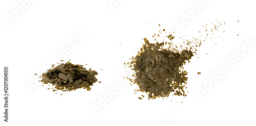 Spirulina Flakes Isolated, Arthrospira Algae Nutrient for Aquarium Fishes, Spirulina Flakes on White