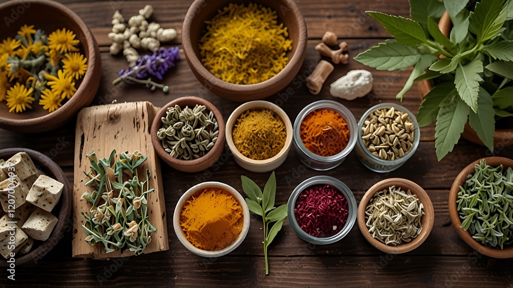 Vibrant Arrangement Of Herbal Medicines And Natural Remedies On A Rustic Tabl Vibrant Arrangement Of Herbal Medicines And Natural Remedies On A Rustic Tabl