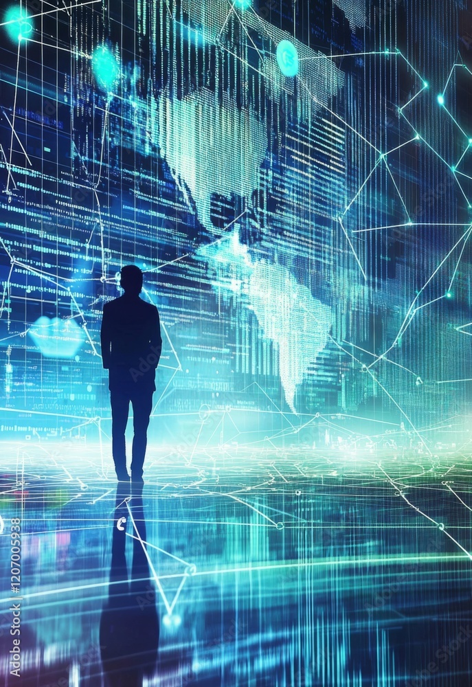 In front of a vast digital screen displaying intricate lines of code and various warning symbols, a person stands poised, contemplating the highlighted map of interconnected servers, embodying the unc In front of a vast digital screen displaying intricate lines of code and various warning symbols, a person stands poised, contemplating the highlighted map of interconnected servers, embodying the unc