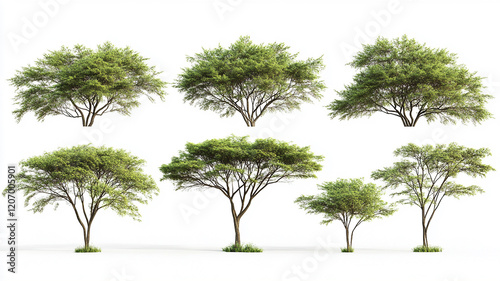 Collection of isolated African acacia trees on a white background. Plant and flower concept