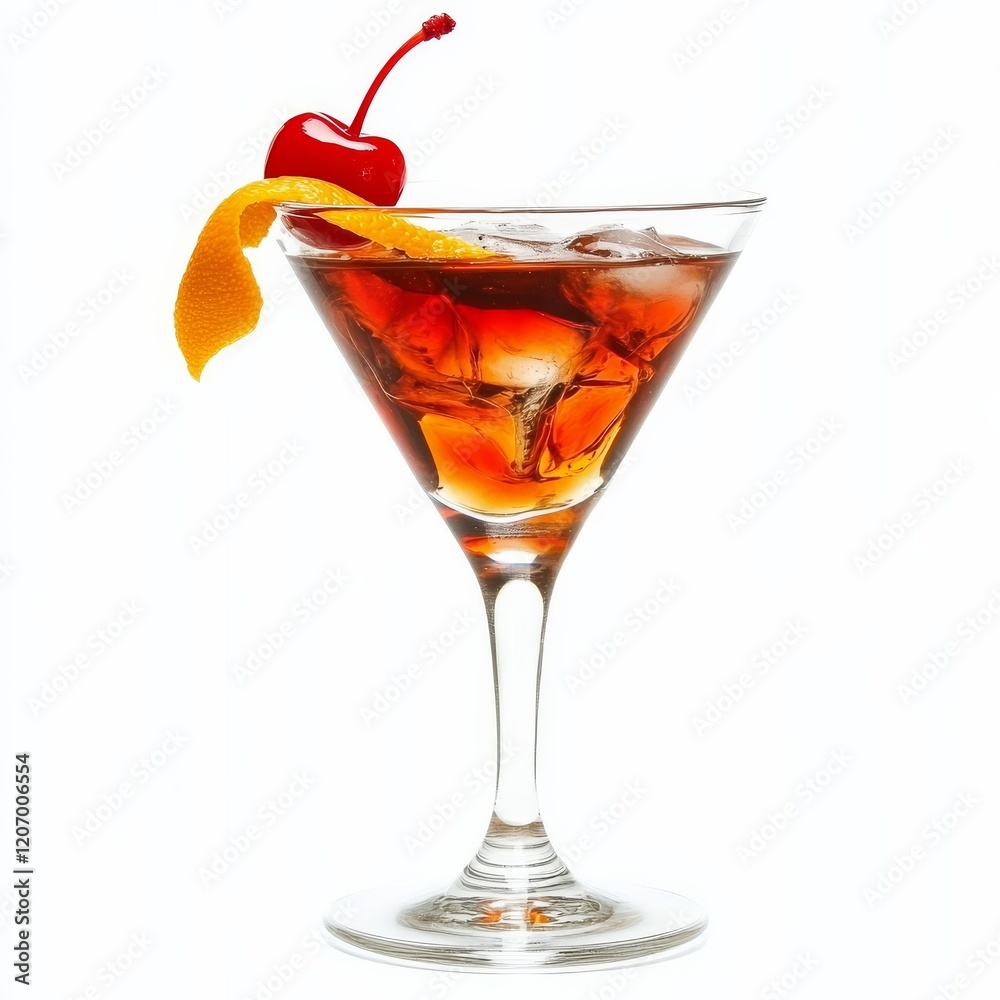 A sophisticated Manhattan with cherry and orange twist, displayed against an isolated white background, chiaroscuro art style A sophisticated Manhattan with cherry and orange twist, displayed against an isolated white background, chiaroscuro art style