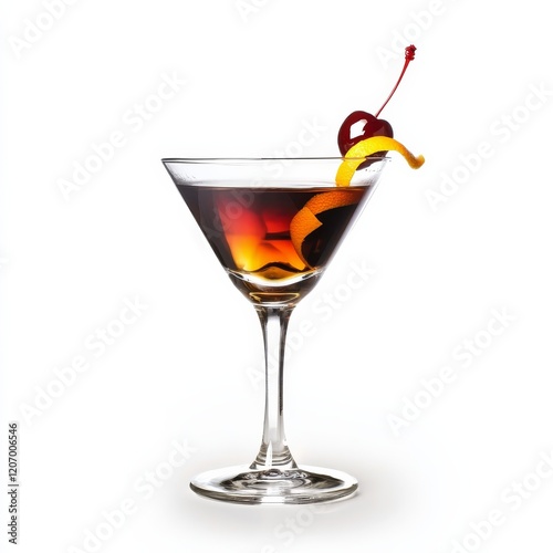 A sophisticated Manhattan with cherry and orange twist, displayed against an isolated white background, chiaroscuro art style photo