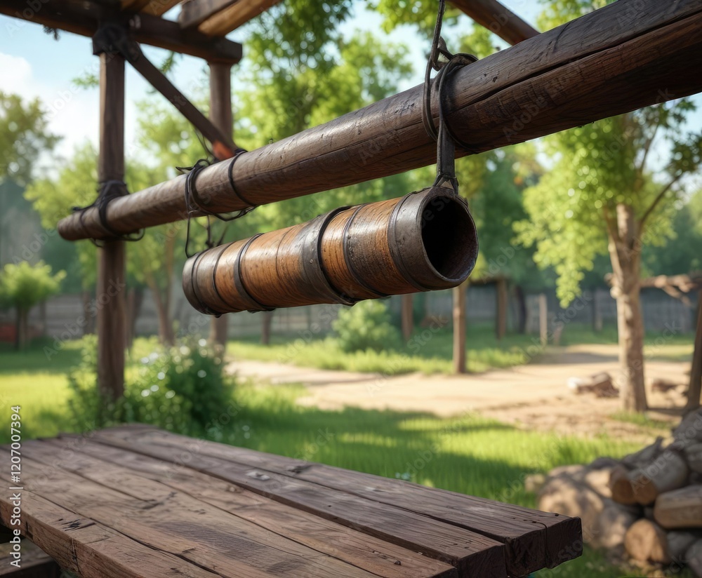 An old iron pipe hangs from a wooden beam in a rural yard, rural yard, country living, yard decor An old iron pipe hangs from a wooden beam in a rural yard, rural yard, country living, yard decor