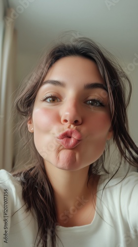 Young woman making kissy face expression in selfie