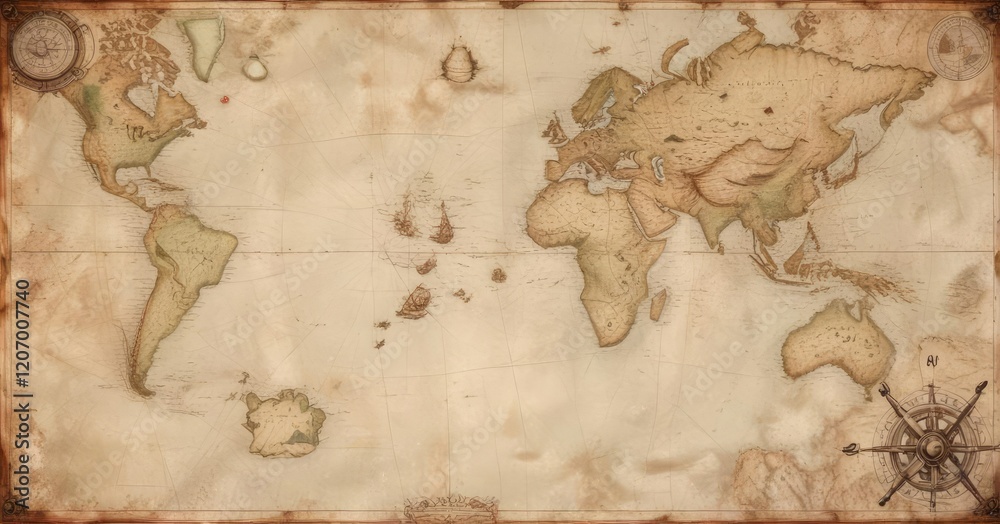 Fototapeta premium Antique nautical chart with hand-drawn coastlines and landmarks, shipwreck, historical, coastline