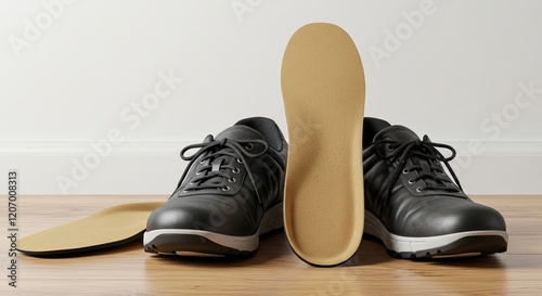 Orthopedic Insoles in Shoes on Wooden Floor