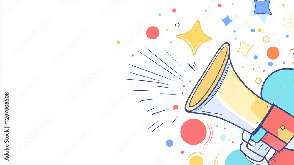 Naklejka premium Megaphone bullhorn emitting sound waves with a bold, colorful news announcement banner. Attention-grabbing, excited and urgent tone