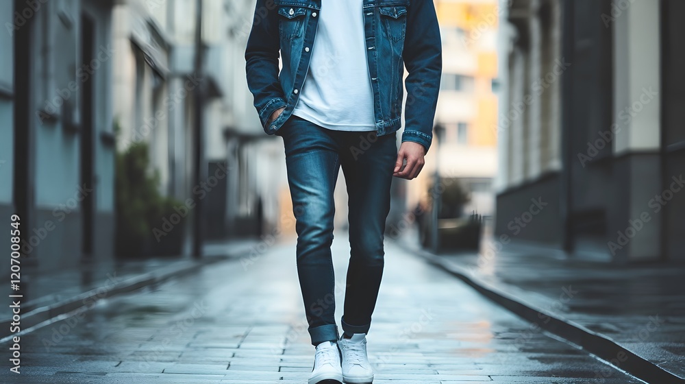 Fototapeta premium Man Walking Down City Street Wearing Jeans Jacket