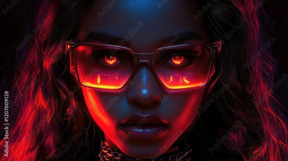 Cyberpunk Woman: Red Glow, Futuristic Fashion Cyberpunk Woman: Red Glow, Futuristic Fashion