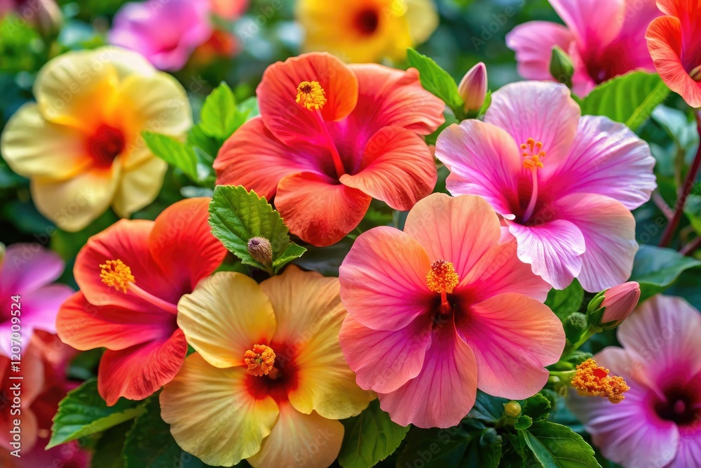 Beautiful hibiscus flowers with unique shapes and sizes in different colors like pink, orange, yellow, flower, orange, yellow