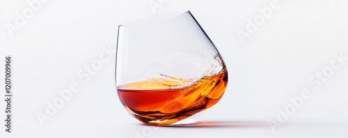 full glass of amber liquid in tilted crystal tumbler, showcasing rich color and texture of drink. elegant design adds touch of sophistication
