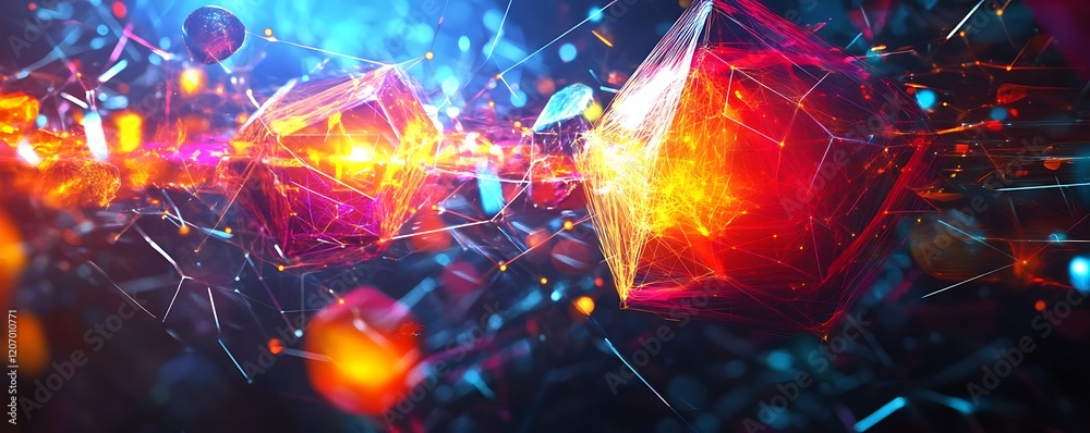 Obraz premium Conceptual image of innovation and knowledge merging through glowing geometric patterns and colors