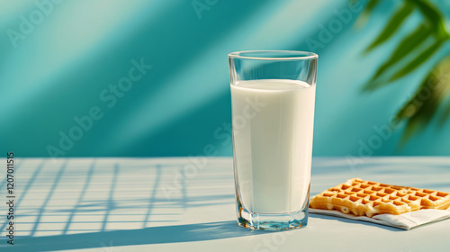 refreshing glass of milk on table with waffle, surrounded by soft shadows and vibrant background. Perfect for light snack or breakfast