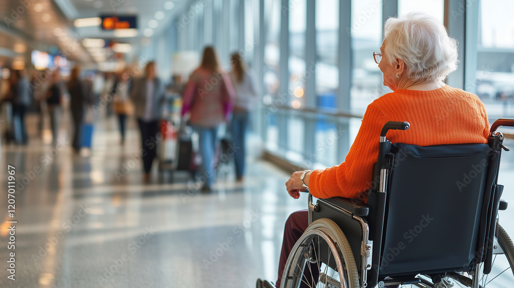 Obraz premium An elderly lady in a wheelchair, being assisted by airport staff, navigating through a modern airport terminal with large windows and bustling activity in the background. Bright, natural light. 