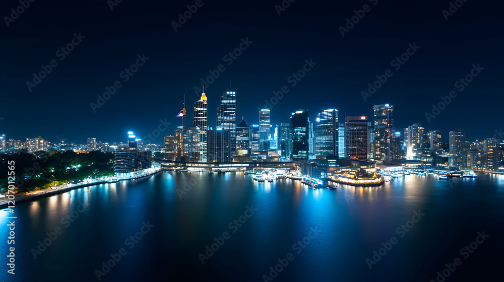 Naklejka premium A stunning, illuminated skyline at night featuring modern buildings reflecting on tranquil water.