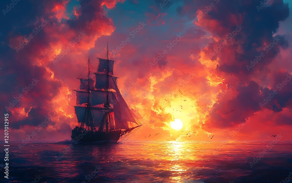 Fototapeta premium Sunset Sailboat Majestic Ocean Sky
