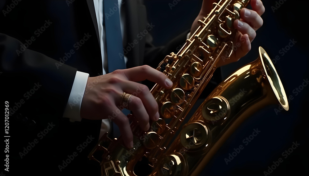 Obraz premium Detalle de hombre músico tocando el saxofón tenor. 