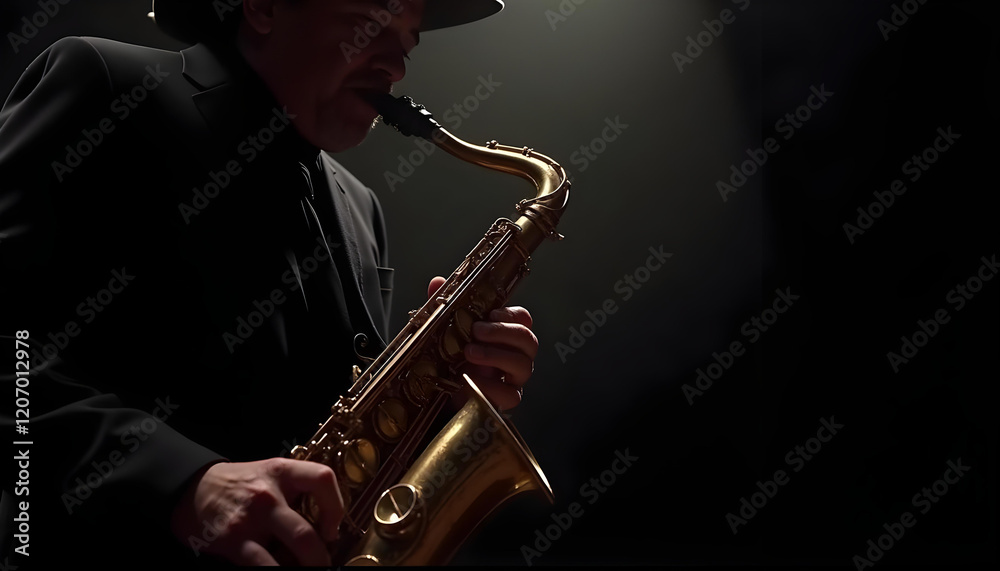 Obraz premium Detalle de hombre músico tocando el saxofón tenor. Escenario con fondo negro