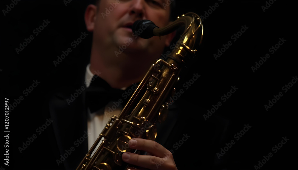 Obraz premium Detalle de hombre músico tocando el saxofón tenor. Escenario con fondo negro
