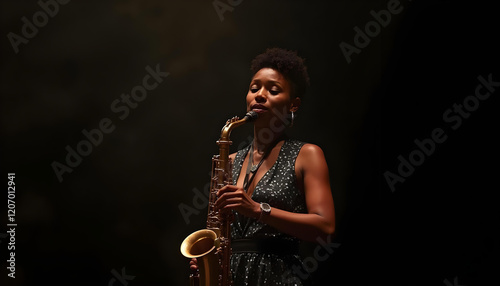 Detalle de mujer de raza negra tocando el saxofón tenor. Escenario con fondo negro