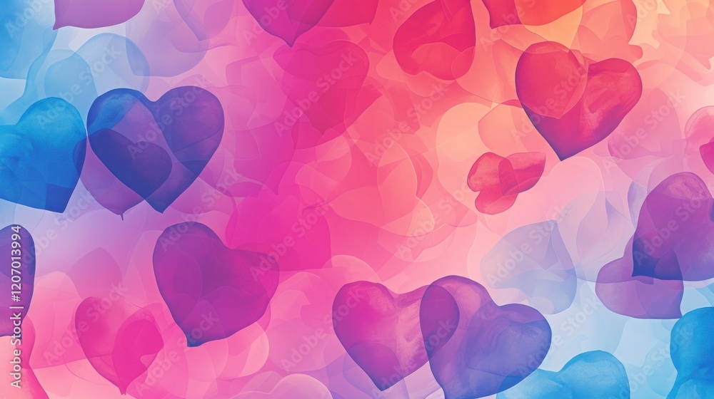 Abstract Watercolor Hearts Background with Pink Purple and Blue