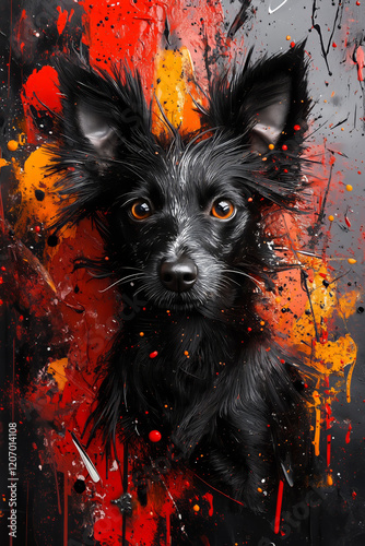 A vibrant and expressive portrait of a dog, surrounded by dynamic splashes of orange, red, and yellow paint. Perfect for abstract animal art and modern design themes. photo