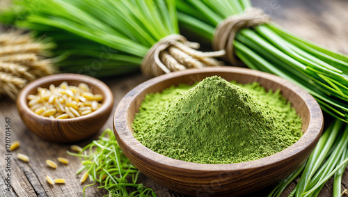 A wooden bowl filled with finely green organic powder like wheatgrass, surrounded by fresh, vibrant green wheatgrass herb blades, on a wooden table, in a rustic, natural layout photo