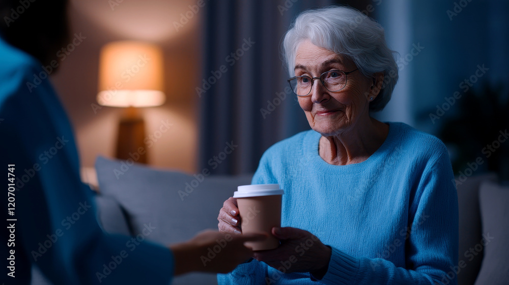 healthcare at home with care professional concept. A senior woman receives a coffee cup in a cozy, warmly lit setting.