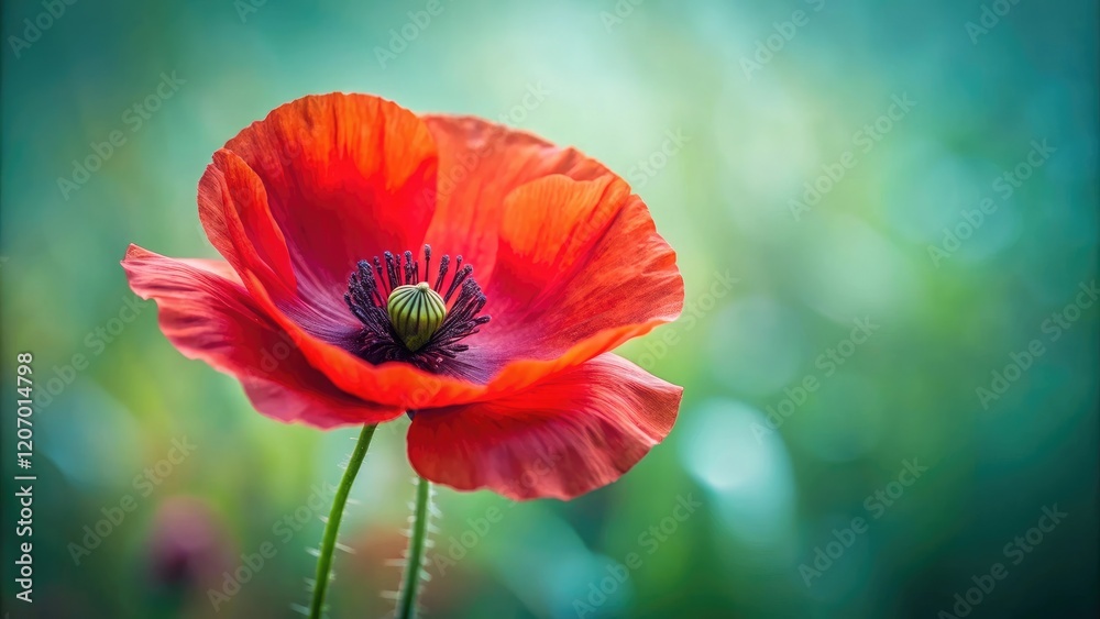 Obraz premium Close-up of single red poppy flower with delicate petals and center, realistic, delicate