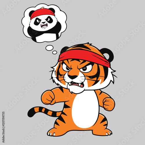 a cartoon tiger wearing a red headband, standing in a fighting stance with its fists clenched. The tiger has an angry expression on its face and is imagining a panda in a thought bubble above its head