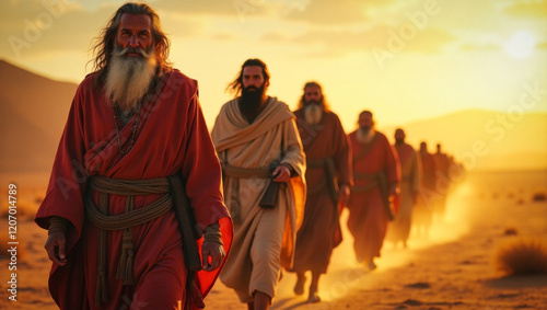 An aged, weathered prophet, with a determined expression, striding through the arid desert alongside his devoted disciples. A powerful scene capturing the essence of faith, guidance, and strength.